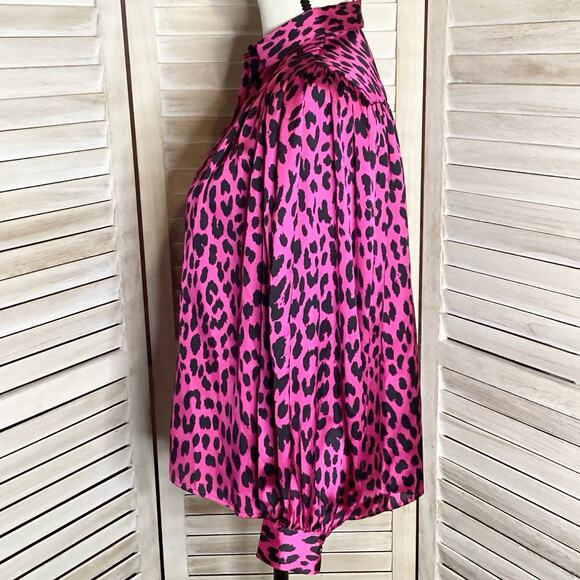 Maje Fuchsia Pink Leopard Silky Gathered Shoulder Peter Pan Collar Blouse XS - Picture 6 of 12